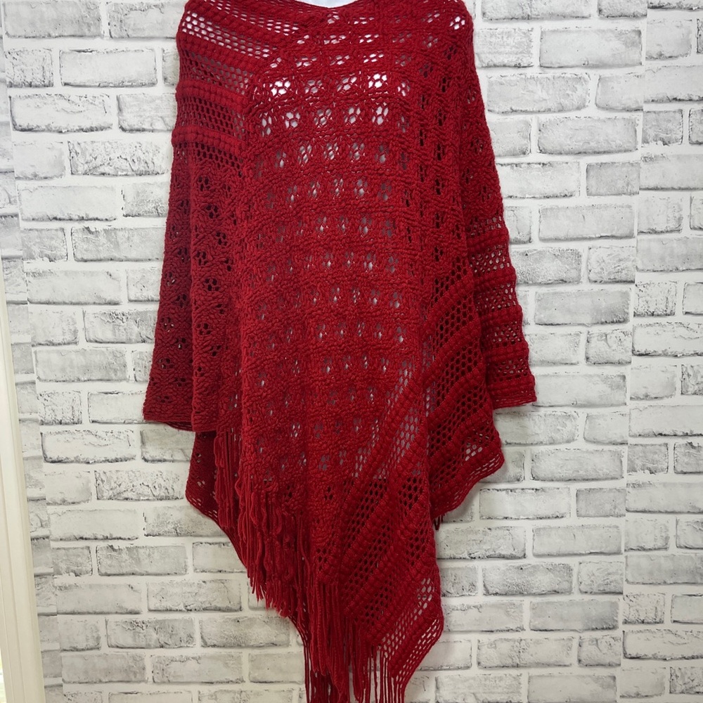 Women's Red Crochet Fringe Poncho Sweater OS